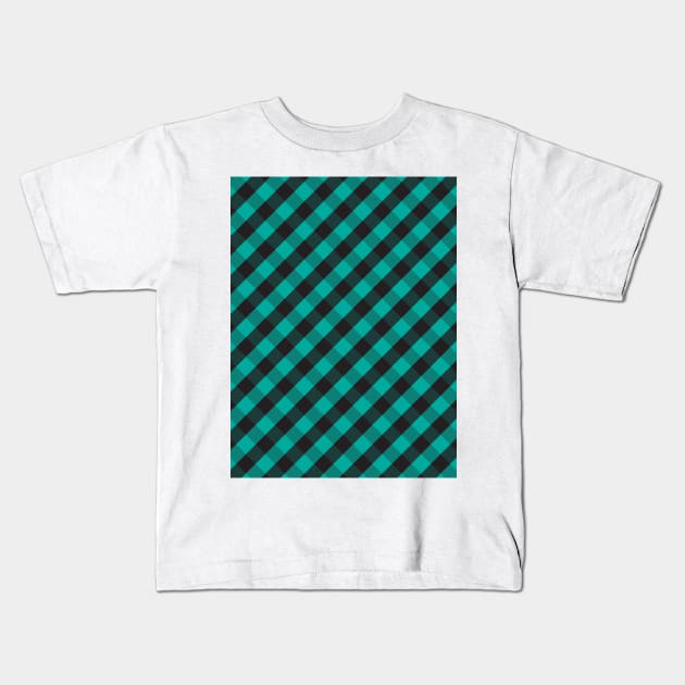 Teal Green and Black Check Gingham Plaid Kids T-Shirt by squeakyricardo